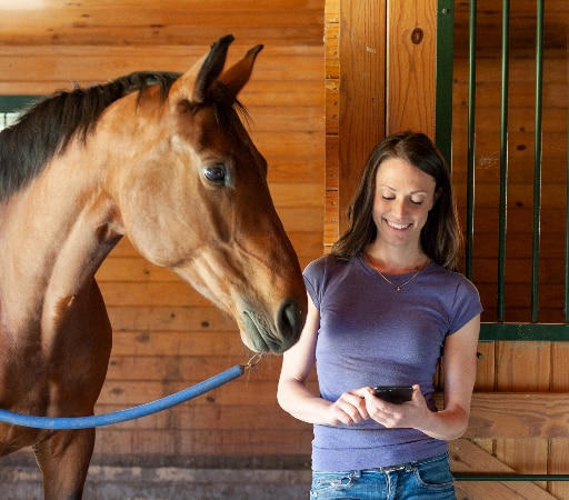 Woman standing outside of a horses stall using her mobile phone.