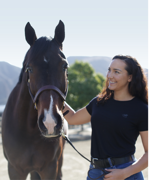 Girl standing next to a horse and looking at it.