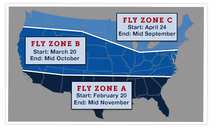 A map of the United States illustrating the three different fly zones