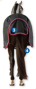 Parts of Horse blankets. 3. tail flap 4. leg straps