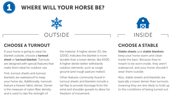 When to blanket your horse chart showing what to do if your horse lives outside in turnout or inside a stable.