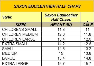 Sizing Chart for Saxon Equileather Half Chaps