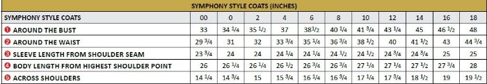 Sizing Chart for Tredstep Symphony Style Show Coat