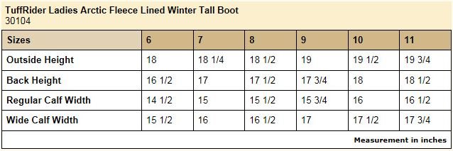 Sizing Chart for TuffRider Ladies Arctic Fleece Lined Winter Boot 