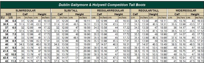 Sizing Chart for Dublin Holywell Tall Field Boots