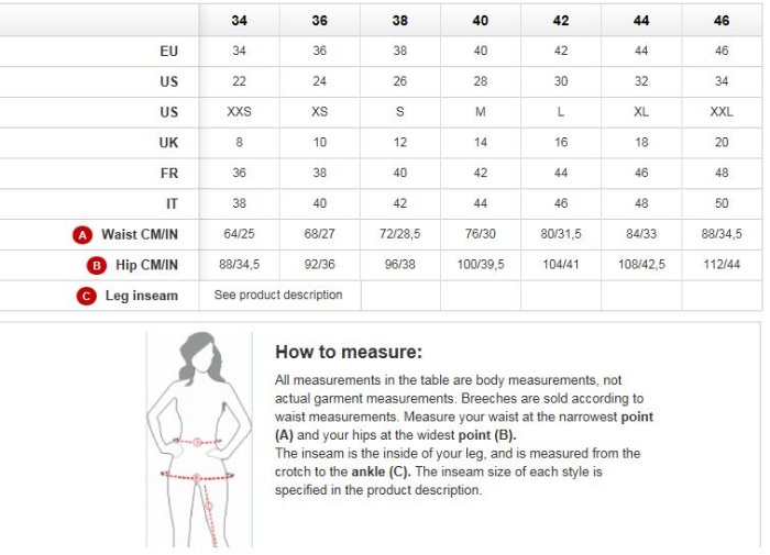 Sizing Chart for Horze Active Silicone Grip Full Seat Breeches