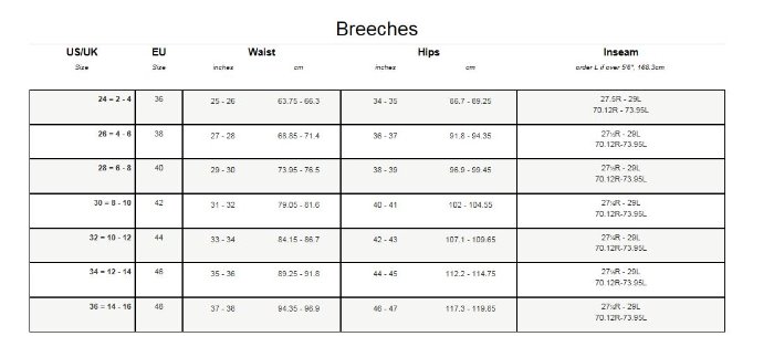Sizing Chart for Goode Rider Couture Full Seat Breech