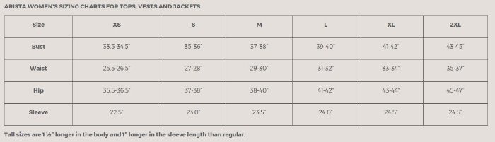 Sizing Chart for Arista Performance 1/4 Zip - Clearance!