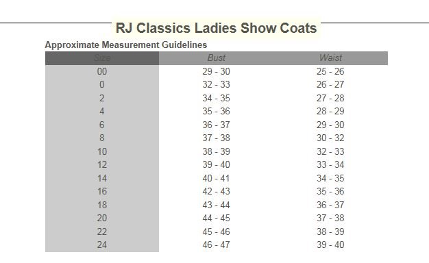 Sizing Chart for RJ Classics Nora Grey Label Plus Size Show Coat