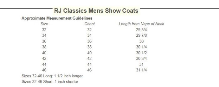 Sizing Chart for RJ Classics Men’s Liam Grey Label Show Coat