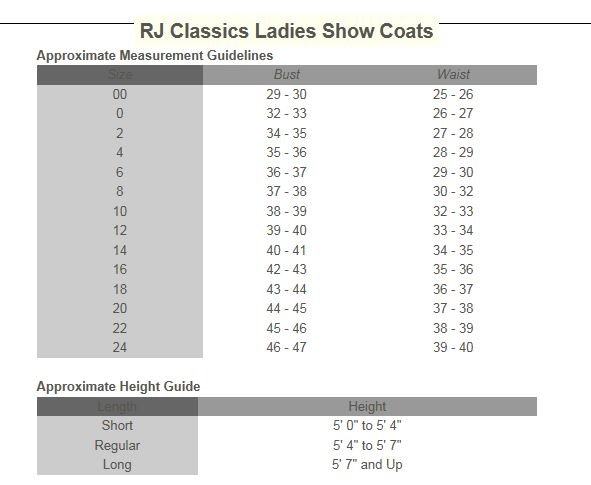 Sizing Chart for RJ Classics Harmony Grey Label Mesh Show Coat 