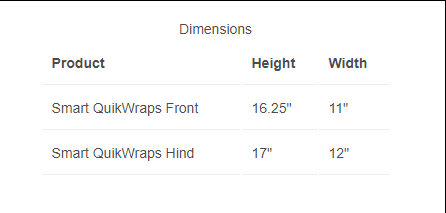 Sizing Chart for Benefab&reg; Therapeutic Smart QuickWrap - Front Wraps