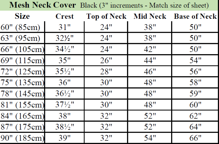 Sizing Chart for Back on Track Mesh Neck Cover