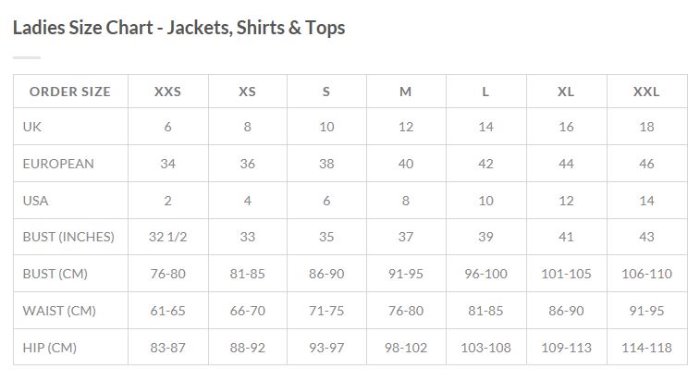 Sizing Chart for AA Platinum MotionLite Show Coat