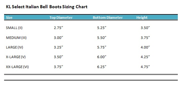 Sizing Chart for KL Select Italian Bell Boots