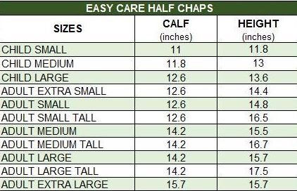 Sizing Chart for Dublin Kids Easy Care Half Chaps