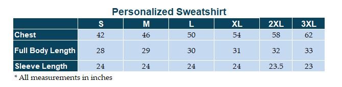 Sizing Chart for Personalized Sweatshirt
