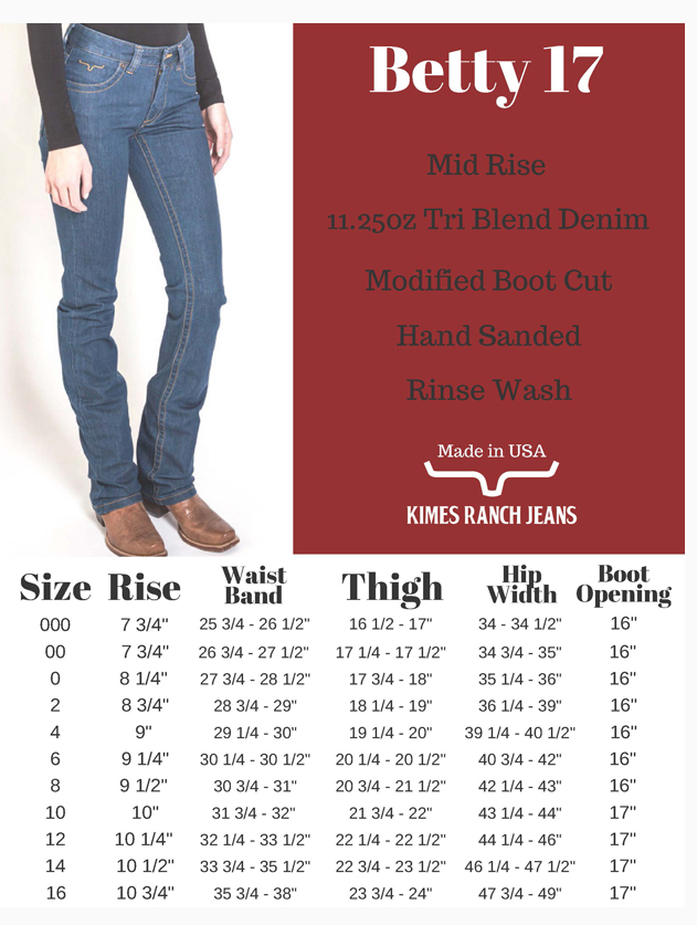 Sizing Chart for Kimes Ranch Women's Betty 17 Jeans