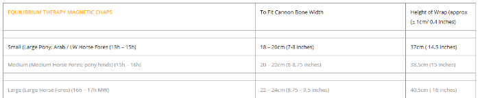 Sizing Chart for Equilibrium Therapy Magnetic Chaps
