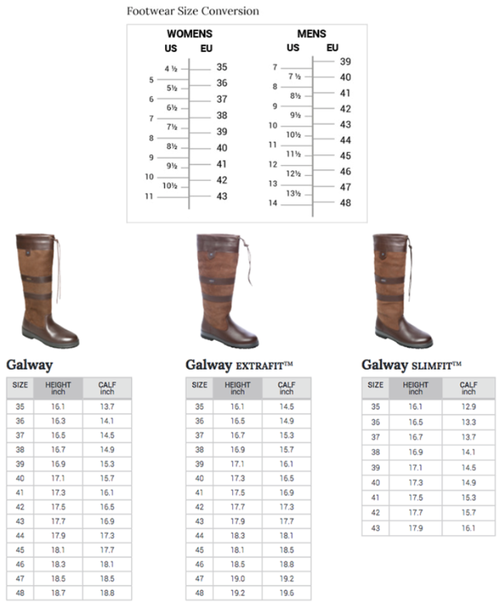 Sizing Chart for Dubarry Galway ExtraFit Boot
