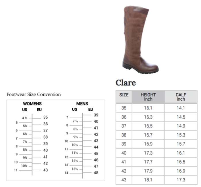 Sizing Chart for Dubarry Clare Boot