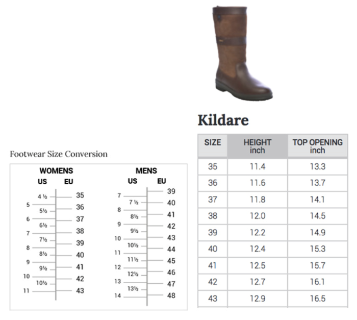 Sizing Chart for Dubarry Kildare Boot