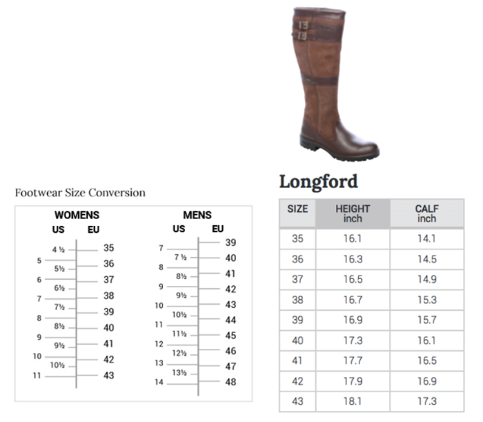 Sizing Chart for Dubarry Longford Boot