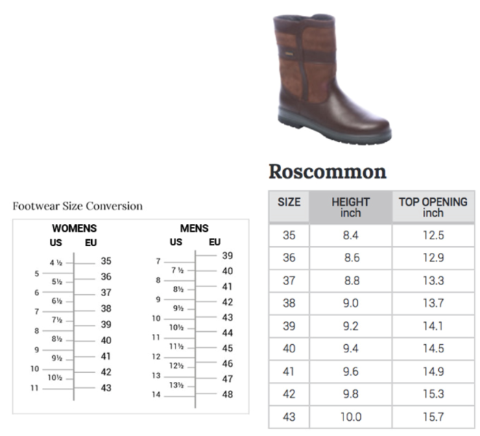 Sizing Chart for Dubarry Roscommon Boot