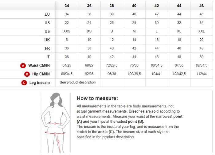Sizing Chart for Horze Daniela Women's Silicone Full Seat Breeches 