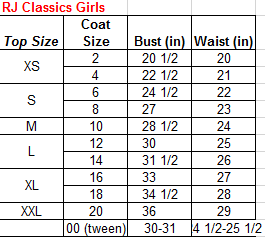 Sizing Chart for RJ Classics Girls Hailey II Blue Label Softshell Show Coat