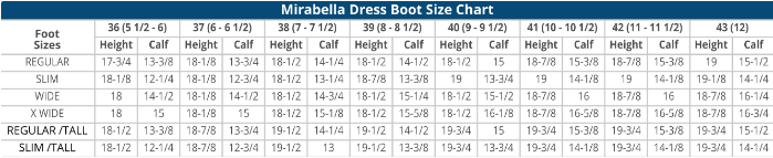 Sizing Chart for Ovation Mirabella Dress Boot - Black