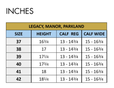 Sizing Chart for Tredstep Parkland II Leather Wide Calf Buckle Boot