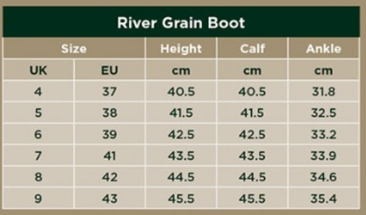 Sizing Chart for Dublin River Grain Leather Boot