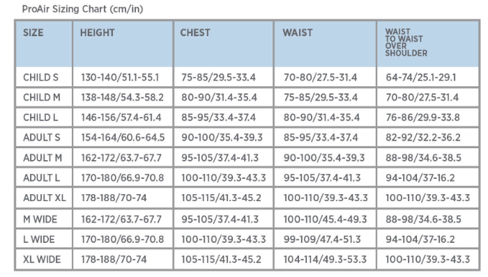 Sizing Chart for Point Two "Pro-Air" Jacket