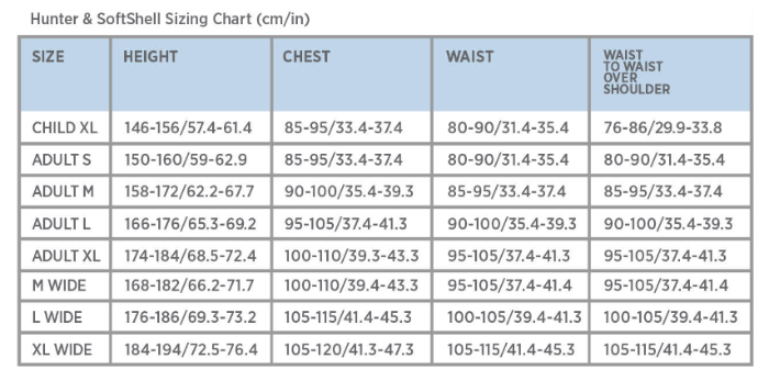 Sizing Chart for Point Two Hunter Vest