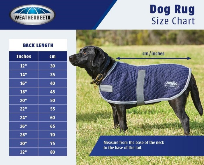 Sizing Chart for WeatherBeeta ComFiTec Classic Dog Coat