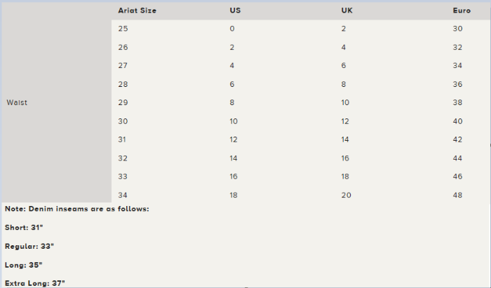 Sizing Chart for Ariat Women's R.E.A.L. Stretch Denim Trouser - Marine