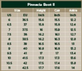Sizing Chart for Dublin Pinnacle Boot II