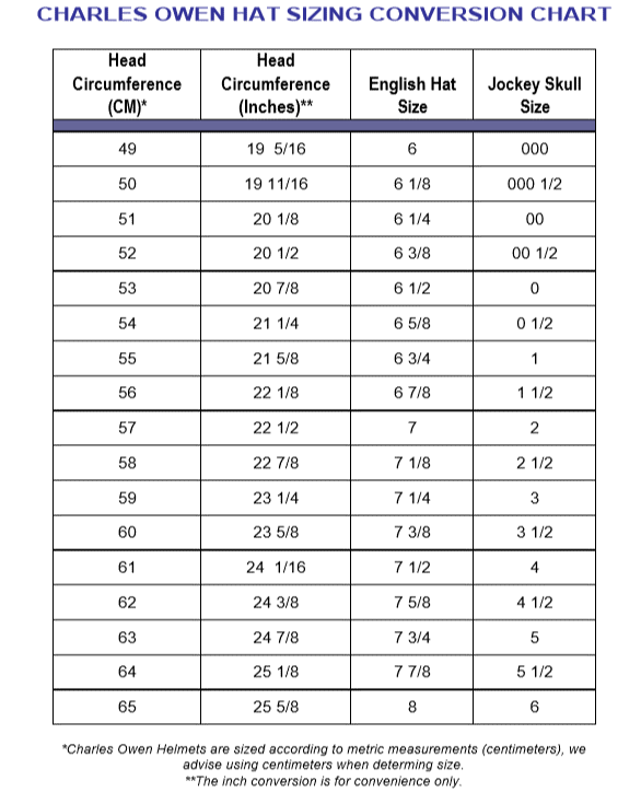 Sizing Chart for Charles Owen AYR8 Plus Leather Look Helmet