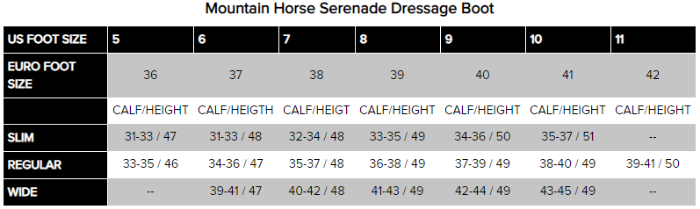 Sizing Chart for Mountain Horse Serenade Dressage Boot