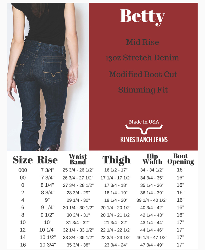 Sizing Chart for Kimes Ranch Women's Betty Jeans
