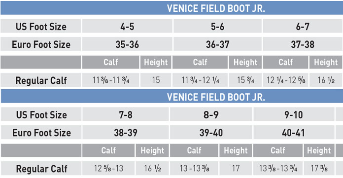 Sizing Chart for Mountain Horse Venice Jr. Field Boot