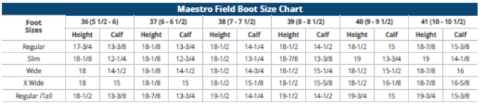 Sizing Chart for Ovation Maestro Field Boot