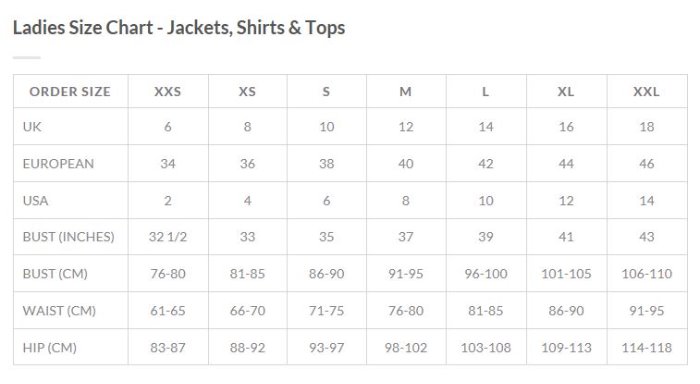 Sizing Chart for Horseware Technical 3 in 1 Waterproof Jacket