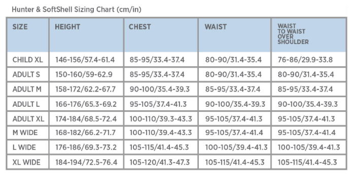 Sizing Chart for Point Two Soft Shell Air Vest