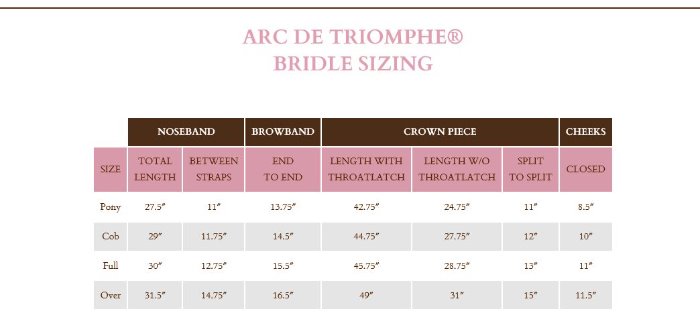 Sizing Chart for Arc de Triomphe Tribute Bridle