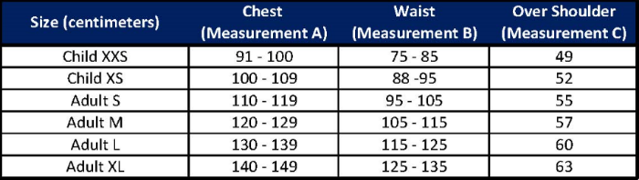 Sizing Chart for Ovation&reg; Adult Air Tech II Vest 