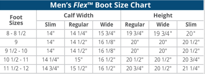 Sizing Chart for Ovation&reg; Men's Flex Field Boot