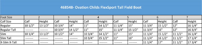 Sizing Chart for Ovation&reg; Child's Flex Sport Field Boot