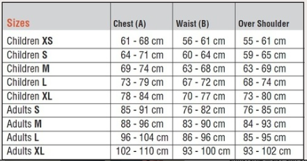Sizing Chart for USG Flexi Motion Body Protector 